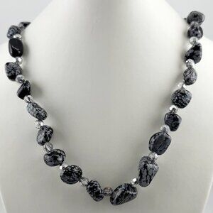 Snowflake Obsidian nugget bead necklace with gray crystals